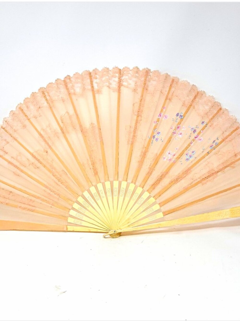 Antique XL Hand Painted Pink Chiffon Lace Carved Bone Folding Hand Fan 27" x 15"